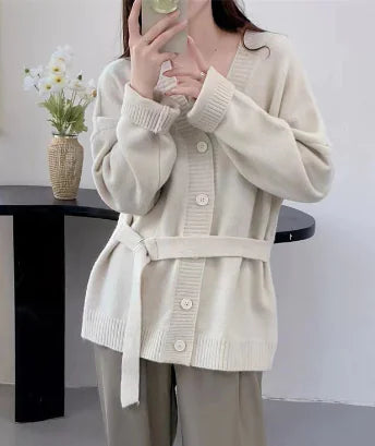 Chic Korean Autumn Winter V-Neck Boucle Jacket with Belt