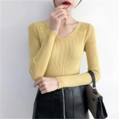 V-Neck Knitted Sweater for Women - Versatile Fall Top
