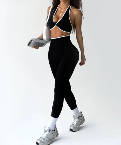 Women's Contrast-Color Yoga Outfit Set with Chest Twist – Breathable Sleeveless Workout Suit (Top & Pants)