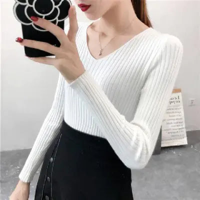 V-Neck Knitted Sweater for Women - Versatile Fall Top