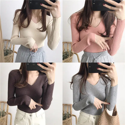 V-Neck Knitted Sweater for Women - Versatile Fall Top