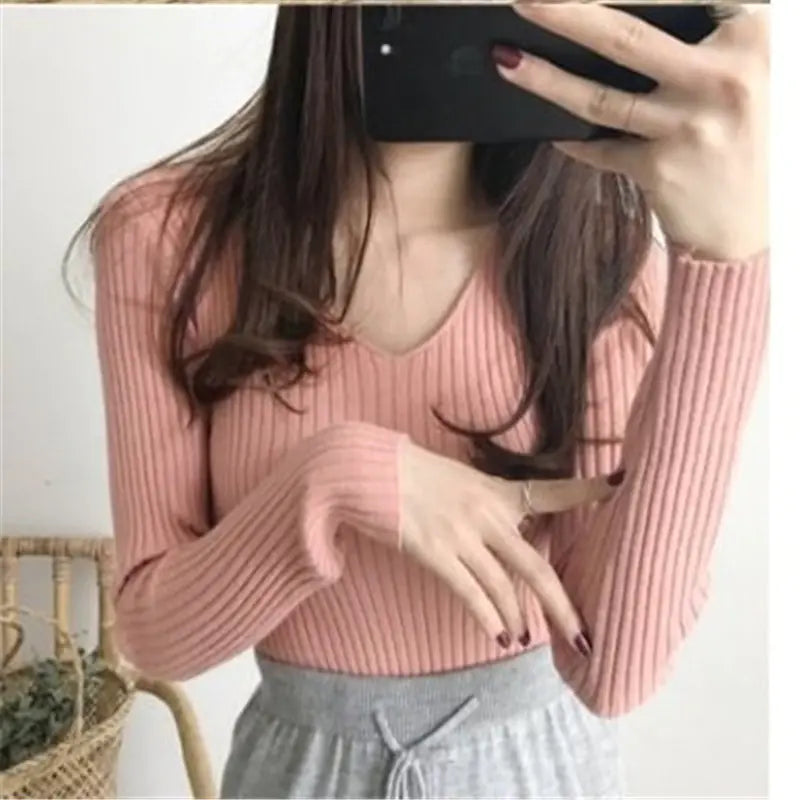 V-Neck Knitted Sweater for Women - Versatile Fall Top