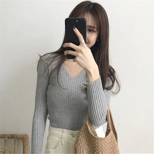 V-Neck Knitted Sweater for Women - Versatile Fall Top