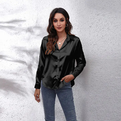 Elegant Loose Long Sleeve Satin Silk Women's Shirt