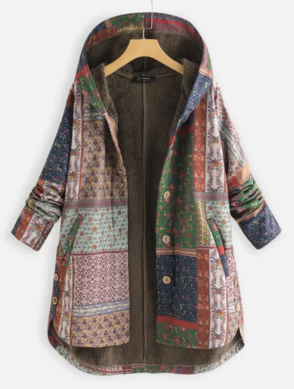 Retro Hooded Long Women's Coat with Fleece Lining