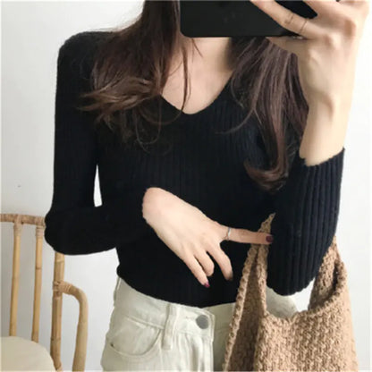 V-Neck Knitted Sweater for Women - Versatile Fall Top