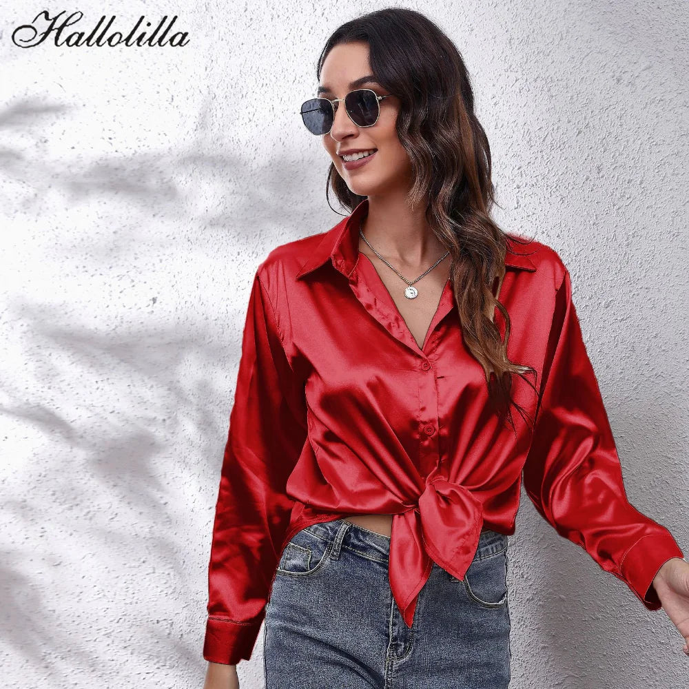 Elegant Loose Long Sleeve Satin Silk Women's Shirt