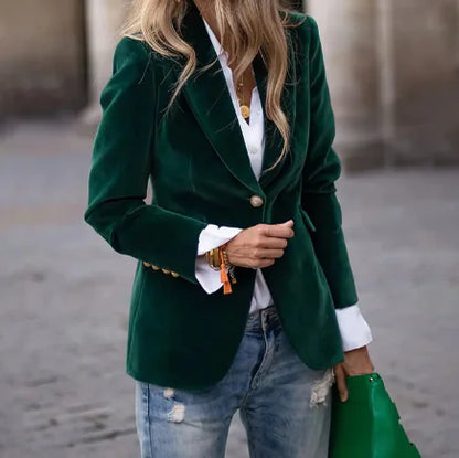 Green Velvet Blazer with Golden Buttons for Women (One)