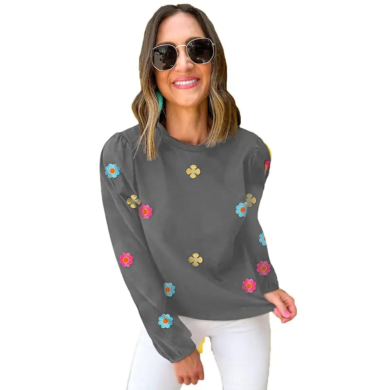 Flower Embroidered Long Sleeve Pullover Sweater