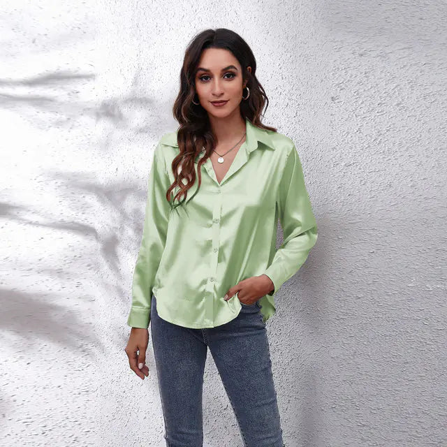 Elegant Loose Long Sleeve Satin Silk Women's Shirt