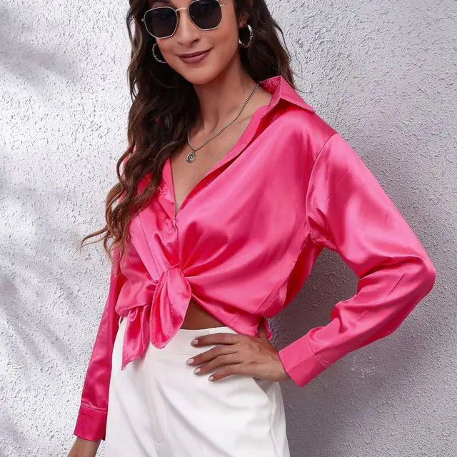 Elegant Loose Long Sleeve Satin Silk Women's Shirt